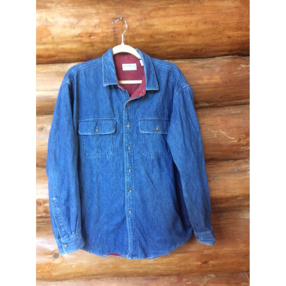 LL Bean Flannel Lined Blue Denim Vintage Made in USA Western Button Up Sz Large